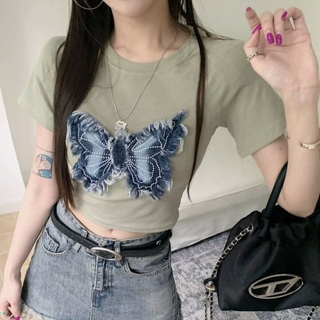 tシャツ バタフライ パッチワーク クロップド丈 ショート丈 スリムフィット トップス スリムトップス へそ出し 半袖 レトロ カジュアル ストリート女子 DTCA-780988742873