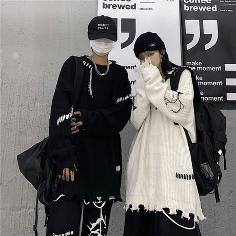 ユニセックス ダメージ加工 ニット ドロップショルダー セーター オーバーサイズ 韓国ファッション メンズ レディース ビター系 ストリート系ファッション DTC-630242686847