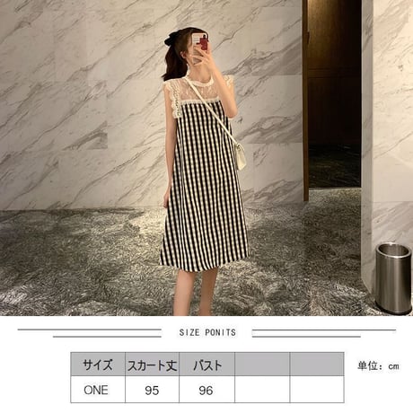 チェック柄 ノースリーブ ワンピース レース 韓国ファッション レディース シースルー ラウンドネック ハイウエスト Aライン シンプル ガーリー DTC-620295172550