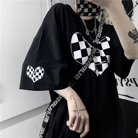 ユニセックス Tシャツ 半袖 チェック柄ハート ラウンドネック オーバーサイズ トップス 大きめ カジュアル ストリートファッション DTC-638301353656