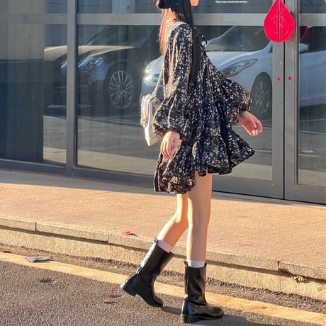 花柄 ワンピース ランタンスリーブ フリル ミニワンピース ゆったりウエスト Aライン ルーズ 長袖 レトロ 韓国ファッション レディース 大人可愛い ガーリー DTC-734739190315