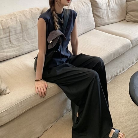 セットアップ 上下セット ノースリーブ トップス バックボタン モップパンツ ワイドパンツ ルーズ レトロ 韓国ファッション レディース 大人可愛い ガーリー DTC-790631772333