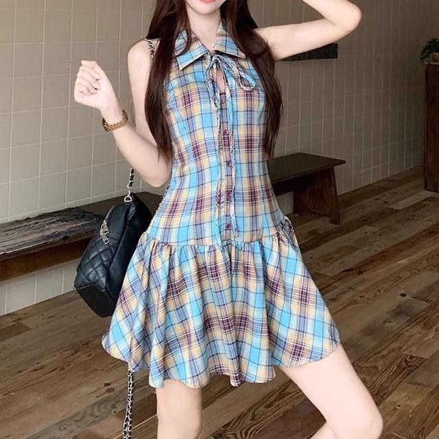 2点セット セットアップ ノースリーブチェックワンピース フリル