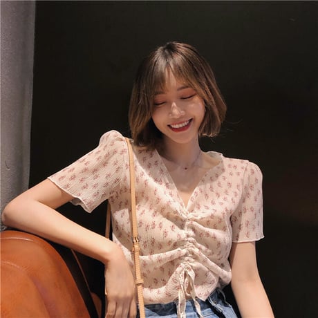 花柄 ブラウス Vネック ショート丈 韓国ファッション レディース 半袖 シフォン ウエストマーク 薄手 大人可愛い ガーリー レトロ 春コーデ 夏コーデ DTC-593495259054