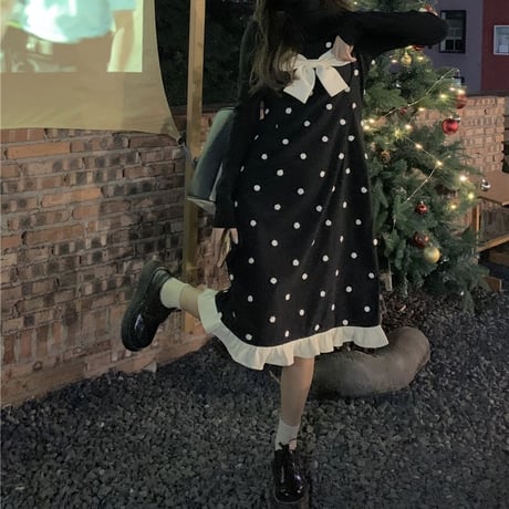 キャミワンピース ドット柄 リボン ハイウエスト スリングワンピース ロング丈 ノースリーブ レトロ 韓国ファッション レディース 大人可愛い ガーリー フェミニン DTC-664007227601