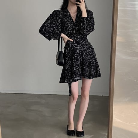 ドット柄 カシュクール フレア ミニワンピース ラップワンピース Vネック 肩パッド Aライン ハイウエスト 長袖 レトロ 大人可愛い ガーリー DTCA-745088824652