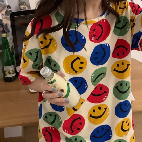ルームウェア パジャマ セットアップ スマイル ニコちゃんマーク ウエストゴム 上下セット トップス ショートパンツ 部屋着 大人可愛い ガーリー フェミニン DTC-642929082786
