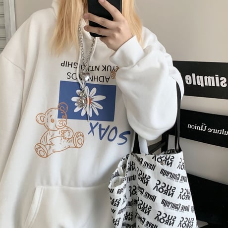 ユニセックス パーカー プルオーバー クマ フラワー 裏起毛 長袖 オーバーサイズ カジュアル 韓国ファッション メンズ レディース 韓国ストリートファッション DTC-684245754495