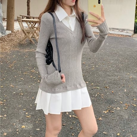 フェイクレイヤード ワンピース ドッキングワンピース ニット プリーツ スリムフィット Aライン 長袖 レトロ 韓国ファッション レディース 大人可愛い ガーリー DTCA-769852936406