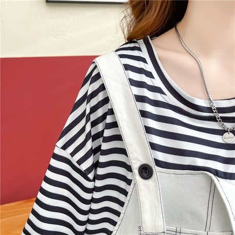 フェイクレイヤード ワンピース Tシャツ ドッキングワンピース ミニ丈 バイカラー ルーズ 半袖 レトロ 大人可愛い ガーリー 韓国ファッション レディース DTC-678993747695