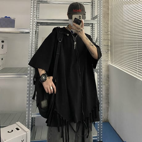 ユニセックス tシャツ フェイクレイヤード フリンジ 半袖 無地 オーバーサイズ メンズ レディース 大きめ カジュアル ストリート ファッション DTC-639677393958
