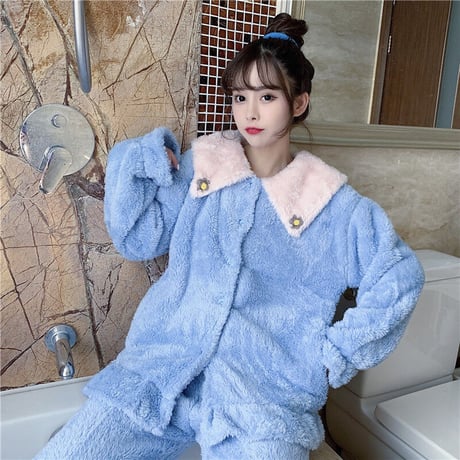 ルームウェア パジャマ セットアップ トップス + パンツ もこもこ 上下セット 長袖 厚手 韓国ファッション レディース フリース ガーリー レトロ 629614343345