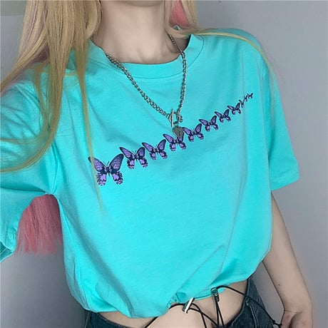 【3カラー】 Tシャツ バタフライ柄 半袖 コードストッパー 裾絞り クロップド丈 ショート丈 韓国ファッション レディース カジュアル 韓国ストリートファッション DTC-619665826393