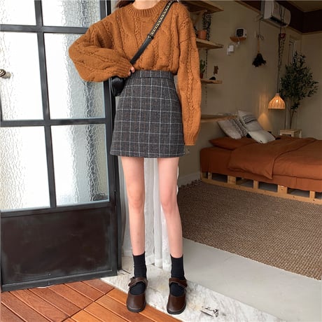 ミニスカート グレー チェック柄 韓国ファッション レディース 台形スカート ハイウエスト タイトスカート ウール 無地 レトロ ガーリー (DTC-605623602308_05)