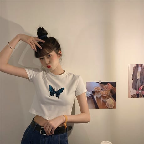 バタフライ Tシャツ クロップド丈 半袖 ホワイト 蝶 白 ショート丈 かわいい レトロ 韓国ファッション レディース 大人可愛い ガーリー DTC-615160318594_wt