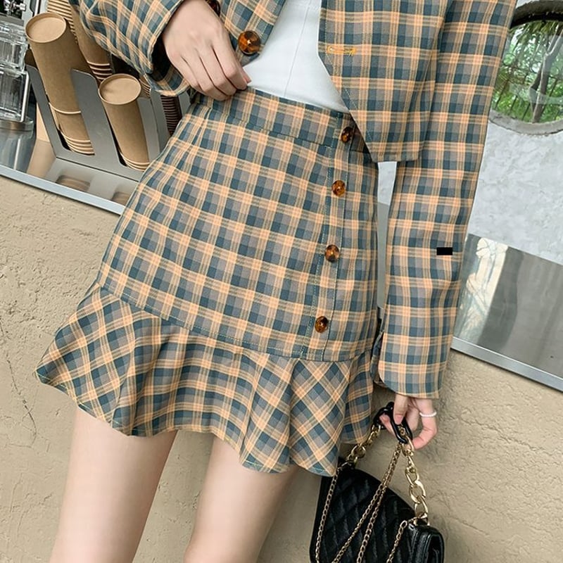 セットアップ チェック柄 ショートジャケット フィッシュテール セットアップ チェック柄 ショートジャケット フィッシュテール