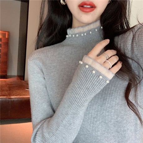 ニット パール レース フリル トップス リブニット スリムフィット ハーフハイネック タイト 長袖 レトロ 韓国ファッション レディース 大人可愛い ガーリー DTCA-774484225398