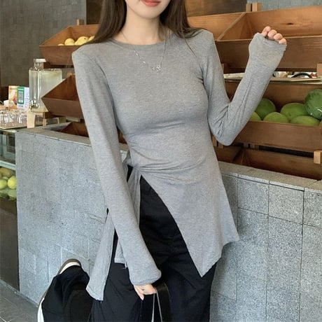 ロンT リボン スリット 肩パッド アシンメトリー スリムフィット tシャツ クルーネック トップス スリムtシャツ カットソー 長袖 レトロ 大人可愛い ガーリー DTCA-840145238747