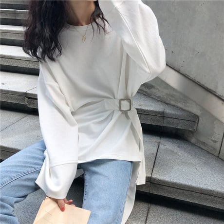 不規則デザイン Tシャツ 前後丈違い ウエスト絞り 裾スリット ラウンドネック 長袖 韓国ファッション レディース トップス 大人可愛い ガーリー DTC-652883756772