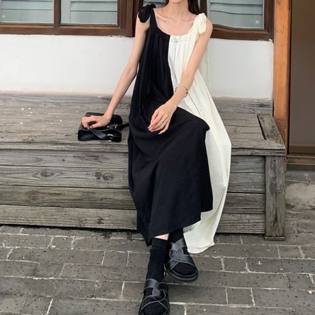 バイカラー キャミワンピース ロングワンピース ノースリーブ ハイウエスト レトロ 韓国ファッション レディース 大人可愛い ガーリー DTC-679346923592
