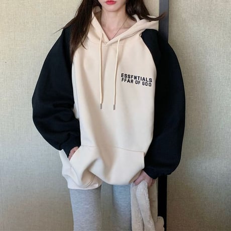 バイカラー パーカー アプリコット プルオーバー オーバーサイズ ビッグシルエット レトロ 韓国ファッション レディース カジュアル 韓国ストリートファッション DTC-684860027672_ap
