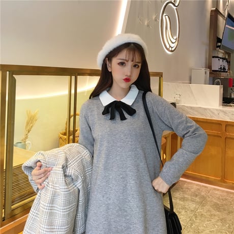 襟付き ニットワンピース 韓国ファッション レディース ボウタイ リボン 長袖 シンプル レトロ ガーリー 秋 冬 大人カジュアル (DTC-581766801275)