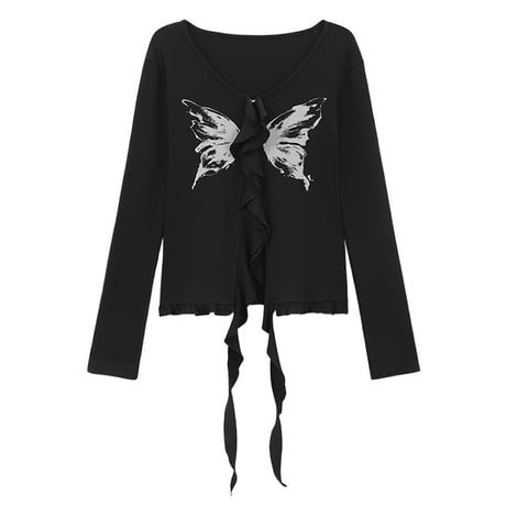 トップス 長袖 バタフライ プリント 不規則デザイン Vネック フリル リボン スリムフィット Tシャツ レトロ 韓国ファッション レディース 大人可愛い ガーリー DTCA-828604186140