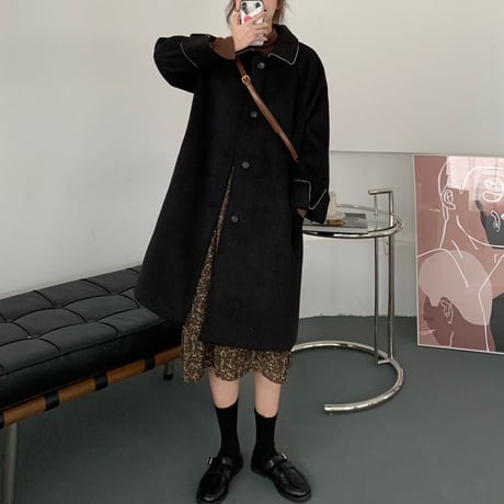 ステンカラーコート ウールコート ロングコート フェイクウール シングルブレスト アウター 長袖 韓国ファッション レディース ルーズ レトロ 大人可愛い ガーリー DTC-656977531859