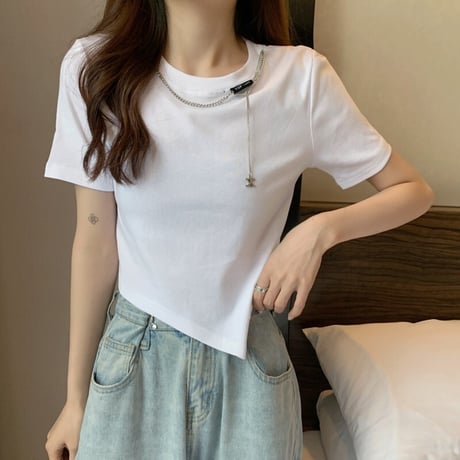 不規則デザイン クロップド丈 Tシャツ チェーンアクセサリー へそ出し 半袖 ルーズ 韓国ファッション レディース ショート丈 トップス 大人可愛い ガーリー DTC-641554527516