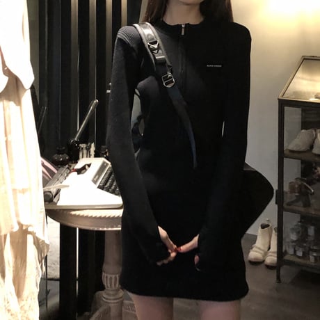 ニットワンピース リブニット ハーフジップ ニット タイト スリムフィット スリムニット 韓国ファッション レディース 大人可愛い ガーリー DTC-651165316074