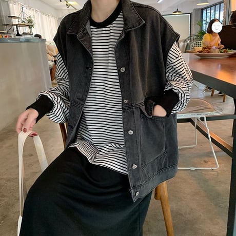 デニムベスト ジレ ベストジャケット デニム オーバーサイズ ビッグシルエット レトロ 韓国ファッション レディース ガーリー カジュアル ストリート系 DTC-651919599376