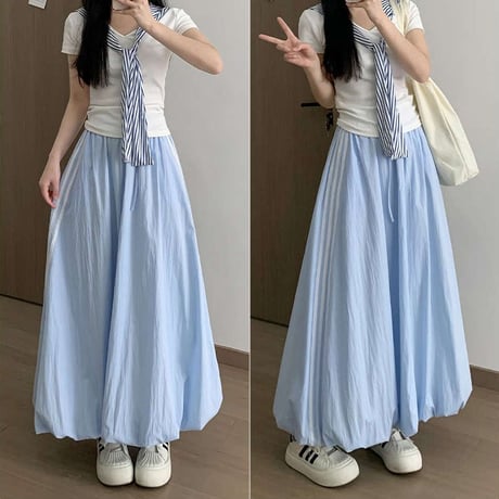 バルーンスカート サイドライン ロングスカート ハイウエスト Aライン スカート ゆったり レトロ 大人可愛い ガーリー カジュアル DTCA-1036905968455