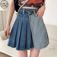 デニムスカート プリーツスカート デニムプリーツ 切り替え アシンメトリー ミニスカート レトロ 韓国ファッション レディース カジュアル 大人可愛い ガーリー DTCA-920553102987