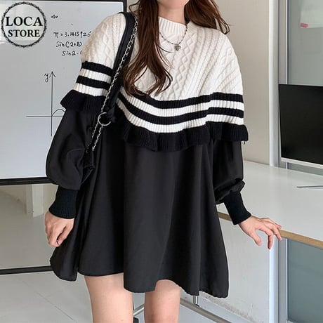 ドッキングワンピース フェイクレイヤード ミニワンピース プルオーバー ルーズ ルーズウエスト レトロ 韓国ファッション レディース 大人可愛い ガーリー DTC-684504680884