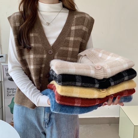 チェック柄 ニットベスト Vネック ゆったり 大きめ ルーズ カジュアル 韓国ファッション レディース 大人可愛い ガーリー DTC-654511723460