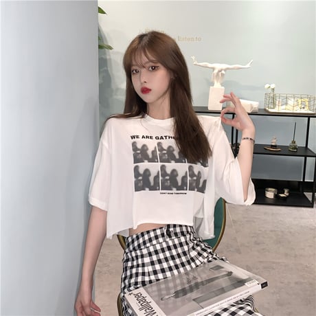 クロップドTシャツ 半袖 グラフィティプリント クロップド丈 ラウンドネック 韓国ファッション レディース Tシャツ ショート丈 ガーリー ストリートファッションDTC-637991888716
