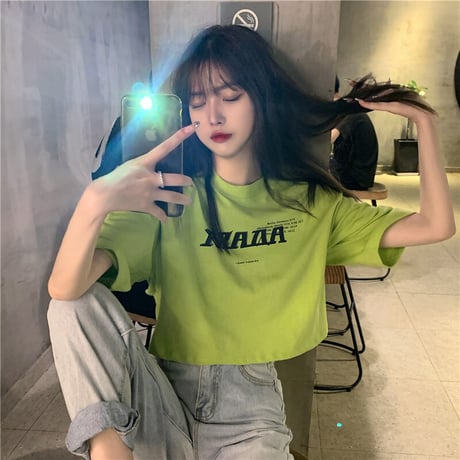 クロップド丈 Tシャツ 半袖 へそ出し ラウンドネック 韓国ファッション レディース ショート丈 トップス カットソー 夏 大人可愛い ガーリー DTC-637698084949