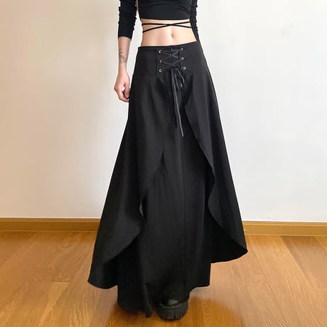 レースアップ ロングスカート 不規則デザイン 個性的 編み上げ Aライン スカート レトロ 大人可愛い ガーリー ゴシック カジュアル DTCA-731065457752