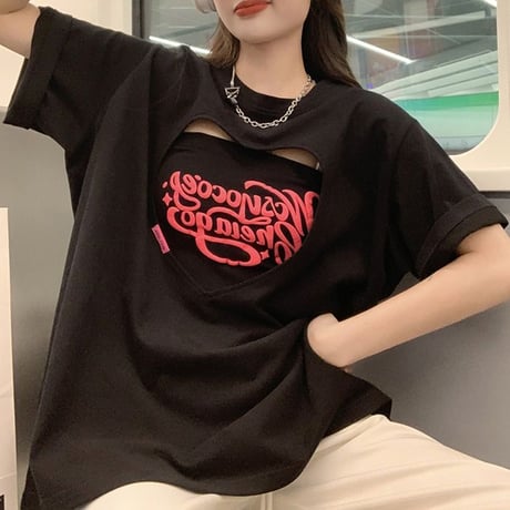 【2カラー】 セット商品 ハートカット Tシャツ 半袖 チューブトップ ゆったり ルーズ 韓国ファッション レディース 大人可愛い ガーリー カジュアル DTC-677839893584