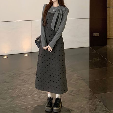 フェイクレイヤード ロングワンピース フェイクツーピース リボンタイ付き カットソー ドット柄ワンピース スリムフィット 長袖 レトロ 大人可愛い ガーリー DTC-865203893747