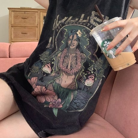 ヴィンテージ風 ノースリーブ ウォッシュ加工 タンクトップ tシャツ トップス オーバーサイズ ルーズ レトロ 大人可愛い ガーリー カジュアル ストリート女子 DTCA-795945053217