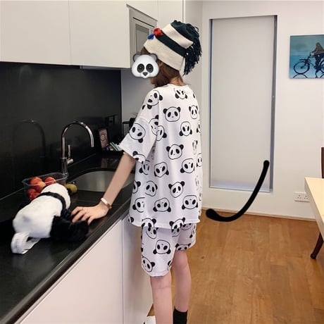【ルームウェア】 パジャマ 半袖 パンダ柄 プリント Tシャツ ショートパンツ 上下セット レトロ 韓国ファッション レディース DTC-644054009683