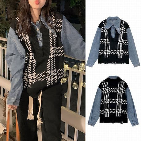 ドッキングトップス フェイクレイヤード デニムシャツ ニットベスト ダメージ加工 チェック柄 レトロ 韓国ファッション レディース 大人可愛い ガーリー カジュアル DTC-665578093033