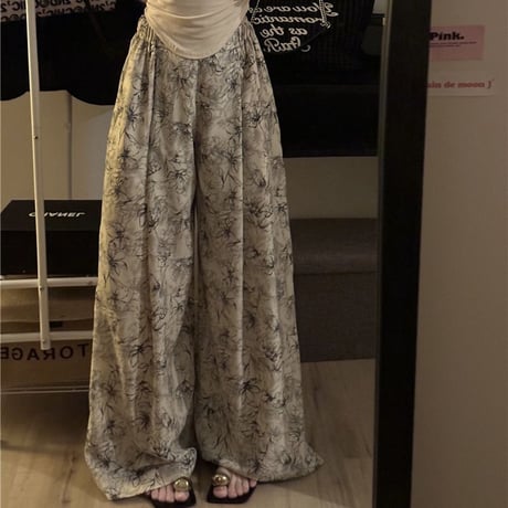 花柄 モップパンツ ワイドパンツ ハイウエスト ウエストゴム ルーズ レトロ 韓国ファッション レディース 大人可愛い レトロ ガーリー カジュアル DTC-711181174852