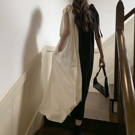 バイカラー キャミワンピース ロングワンピース ノースリーブ ハイウエスト レトロ 韓国ファッション レディース 大人可愛い ガーリー DTC-679346923592