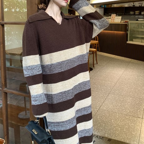 ニットワンピース ボーダー柄 パネルボーダー ロング丈 ラペル 大きい襟 ルーズ ロングワンピース 長袖 レトロ 韓国ファッション レディース 大人可愛い ガーリー DTC-745423082374