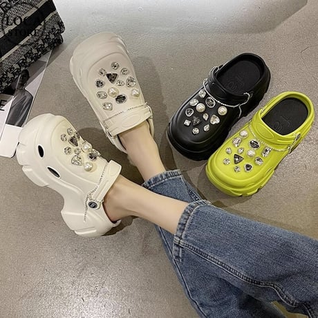 2way 厚底 サンダル 22.0～25.0cm ビジュー ラインストーンチェーン スリッパ ビーチサンダル 厚底サンダル トレンド 韓国ファッション レディース DTC-703229443719