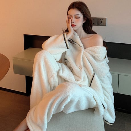 ルームウェア パジャマ セットアップ フリース プラスベルベット トップス + パンツ 長袖 上下セット 韓国ファッション レディース もこもこ ガーリー 633794682654