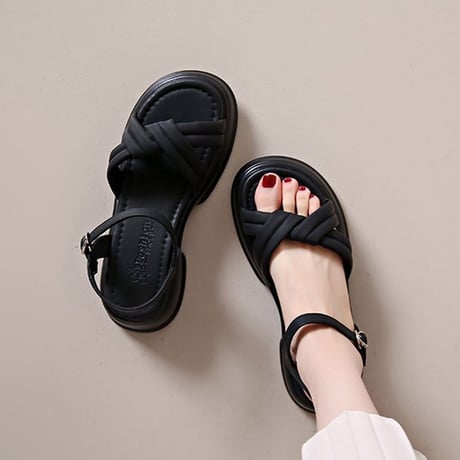 クロスストラップ 厚底 サンダル 22.5～25.0cm 太ヒール 厚底ソール アンクルストラップ 美脚 キュート かわいい 歩きやすい おしゃれ DTCA-777519824673