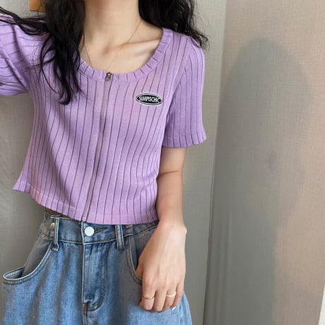 半袖 リブニット クロップド丈 フロントジップ カットソー 韓国ファッション レディース トップス ショート丈 ジップアップ 大人可愛い ガーリー カジュアル DTC-639071170780